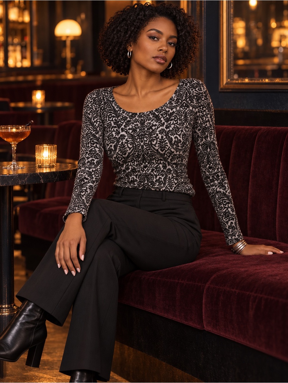 LOFT Damask Knit Top Gray Black S Gothic Dark Academia Indie Sleaze